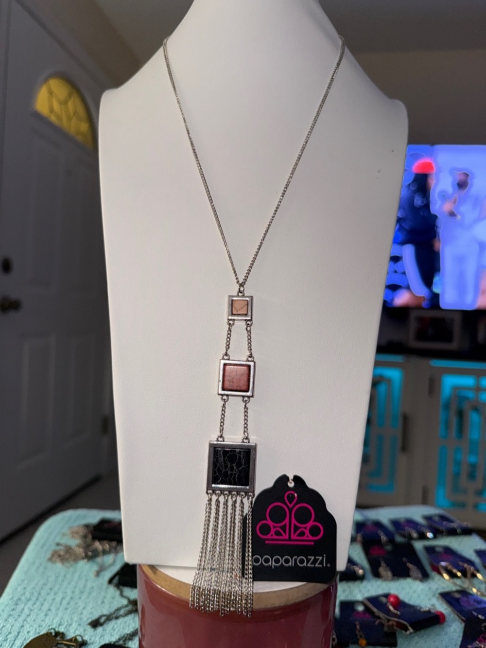 Paparazzi Silver Drop Necklace with Pink and Black Square Pendants